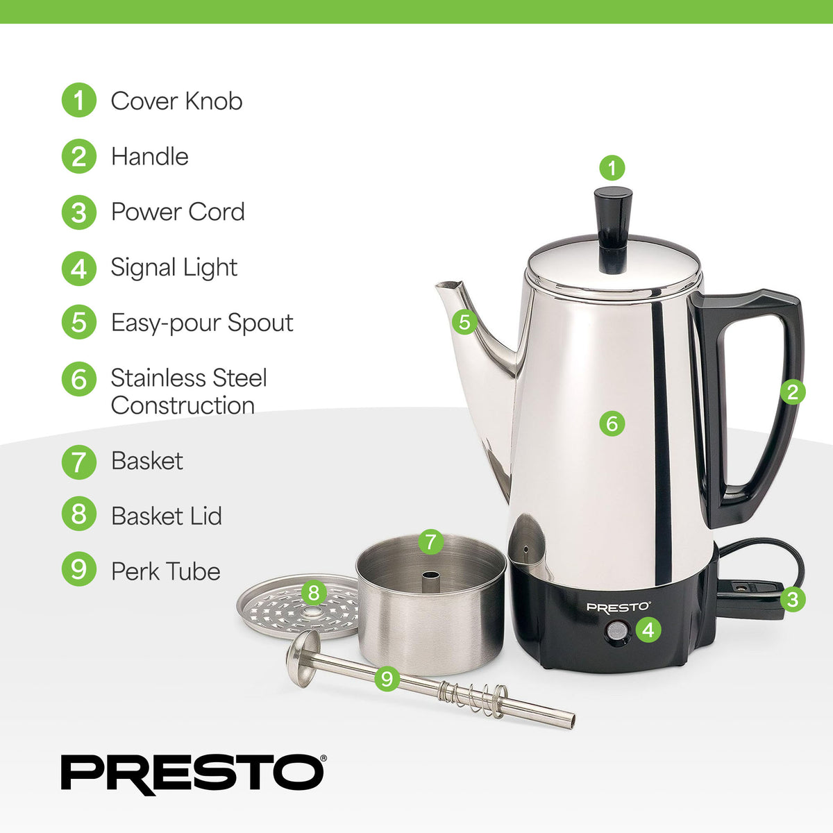 Presto Stainless Steel Coffee Maker, Classic Percolator, Easy Pour (Open Box) - VMInnovations