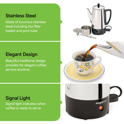 Presto Stainless Steel Coffee Maker, Classic Percolator, Easy Pour (Used)