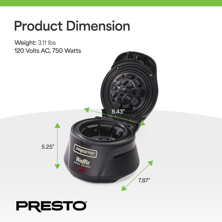 Presto Belgian Waffle Bowl Maker for 4" Waffles with Premium Nonstick Coating