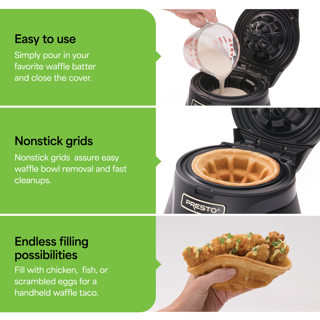 Presto Belgian Waffle Bowl Maker for 4" Waffles with Premium Nonstick Coating