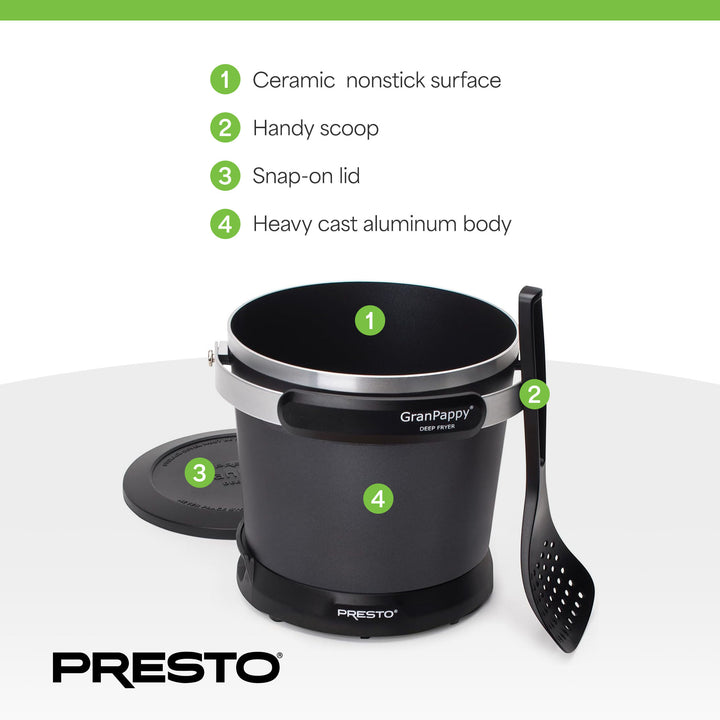 Presto 05411 GranPappy Electric Deep Fryer, Ceramic Nonstick, Handy Scoop, Black
