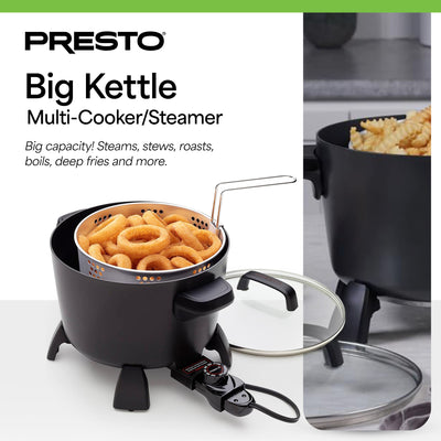 Presto Big Kettle Multi Cooker Steamer &Deep Fryer w/Glass Lid, Black (Open Box) - VMInnovations