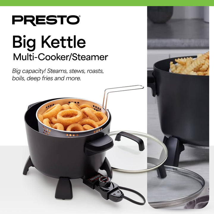 Presto Big Kettle Multi Cooker Steamer &Deep Fryer w/Glass Lid, Black (Open Box)