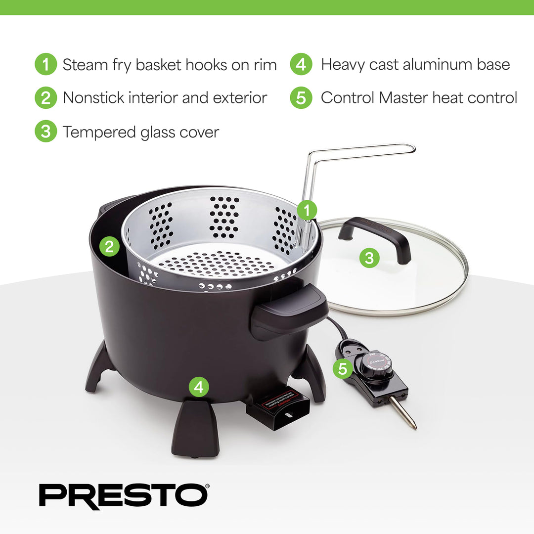 Presto Big Kettle Multi Cooker Steamer &Deep Fryer w/Glass Lid, Black (Open Box)