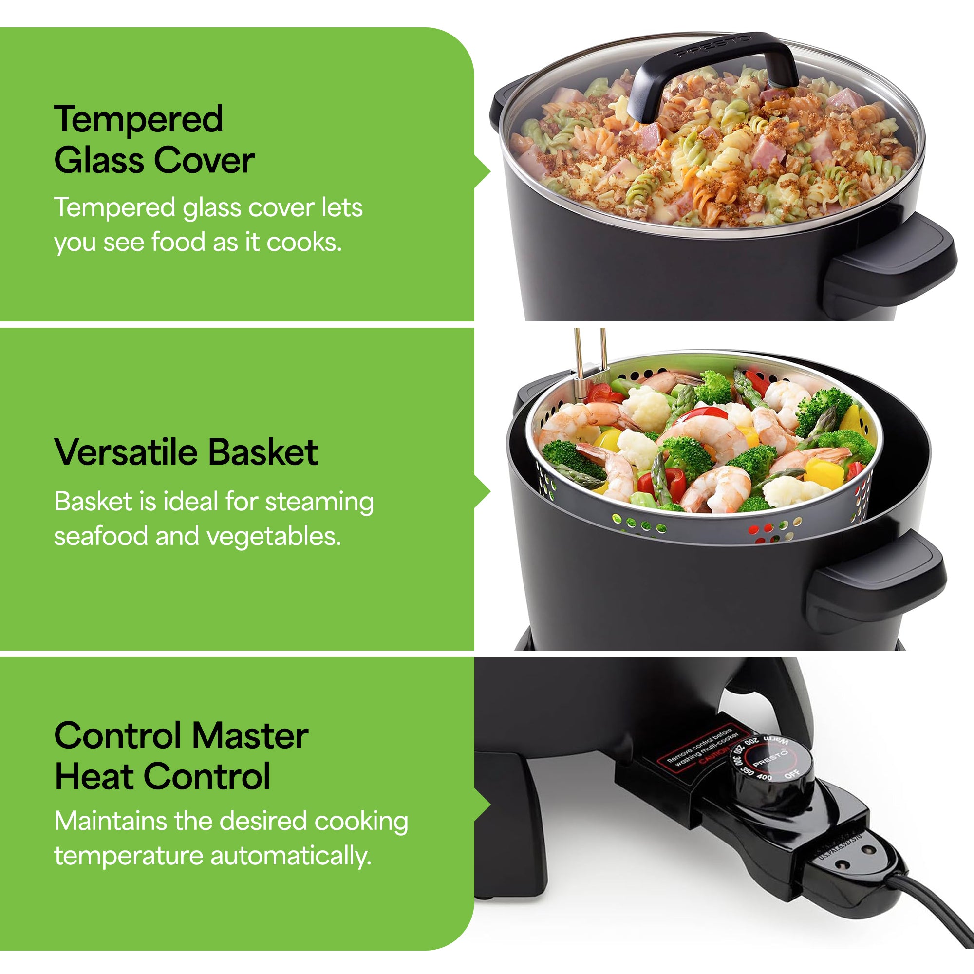 Presto Big Kettle Multi Cooker Steamer &Deep Fryer w/Glass Lid, Black (Open Box) - VMInnovations