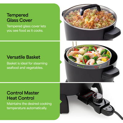 Presto Big Kettle Multi Cooker Steamer &Deep Fryer w/Glass Lid, Black (Open Box) - VMInnovations