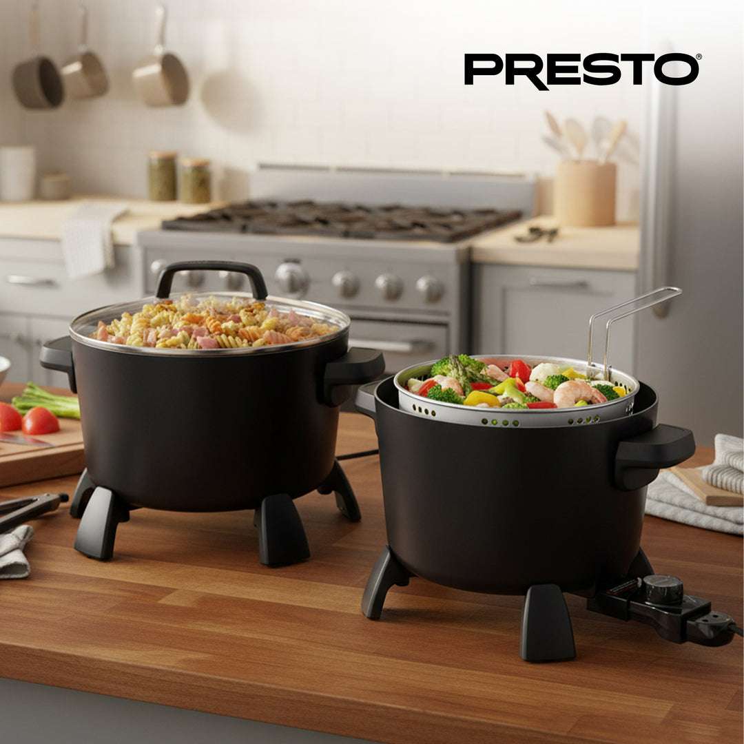Presto 6008 Big Kettle Multi Cooker Steamer and Deep Fryer with Glass Lid, Black