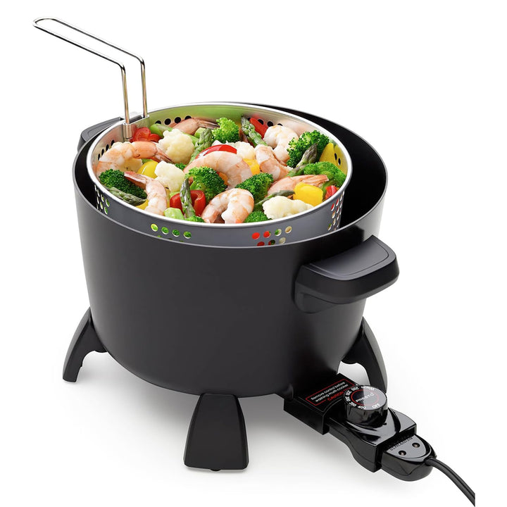 Presto 6008 Big Kettle Multi Cooker Steamer and Deep Fryer with Glass Lid, Black