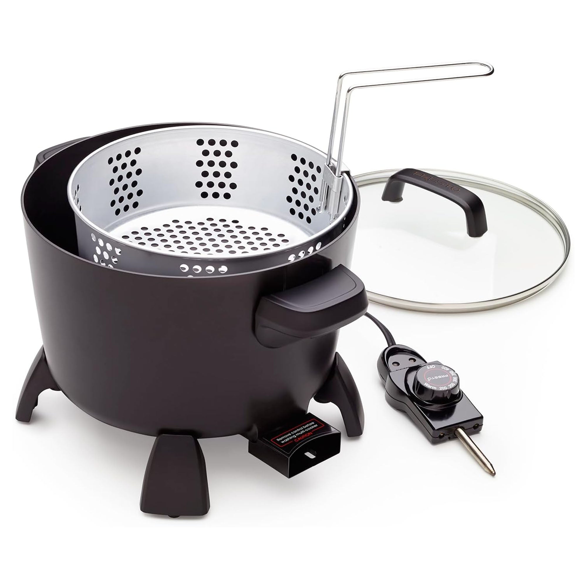 Presto Big Kettle Multi Cooker Steamer &Deep Fryer w/Glass Lid, Black (Open Box) - VMInnovations