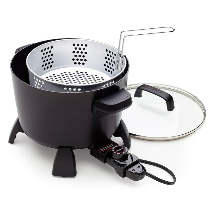 Presto 6008 Big Kettle Multi Cooker Steamer and Deep Fryer with Glass Lid, Black