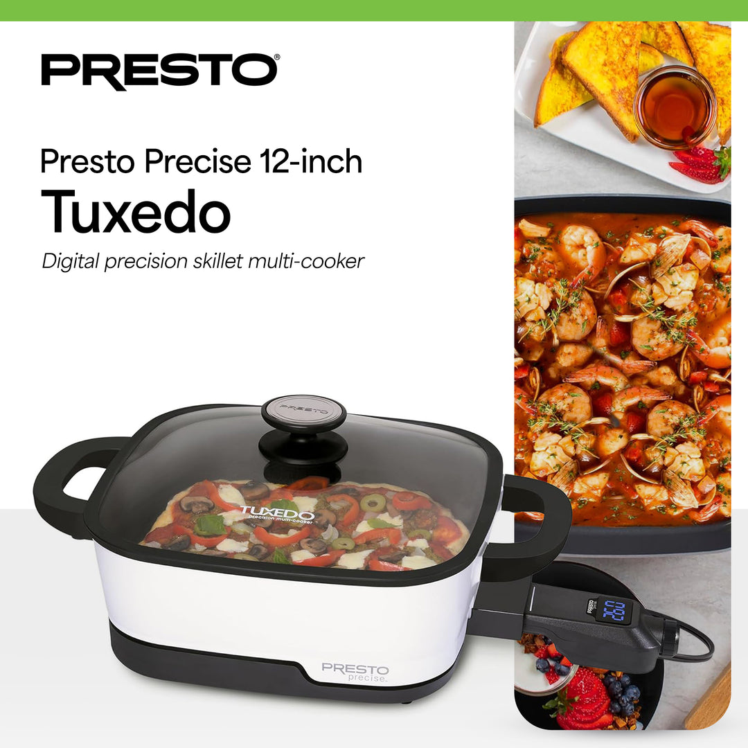 Presto 07118 Precise Tuxedo 12" Electric Skillet, Nonstick Multi-Cooker w/ Lid