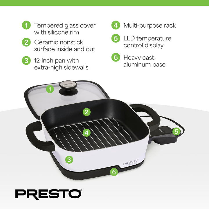 Presto 07118 Precise Tuxedo 12" Electric Skillet, Nonstick Multi-Cooker w/ Lid