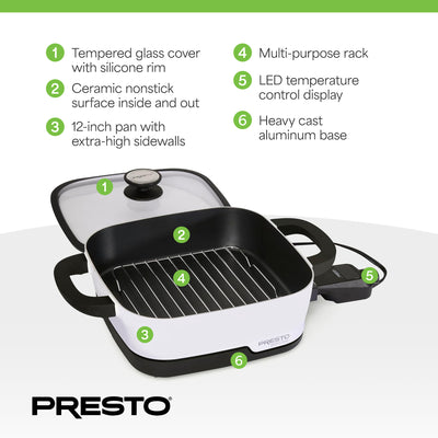 Presto Precise Tuxedo 12" Electric Skillet, Nonstick Multi-Cooker (Open Box)