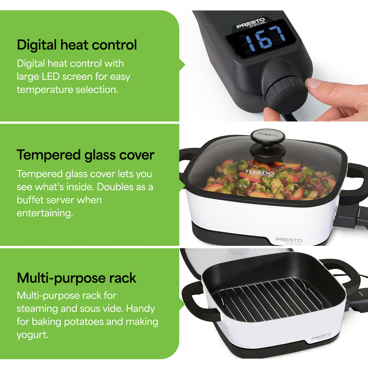 Presto 07118 Precise Tuxedo 12" Electric Skillet, Nonstick Multi-Cooker w/ Lid
