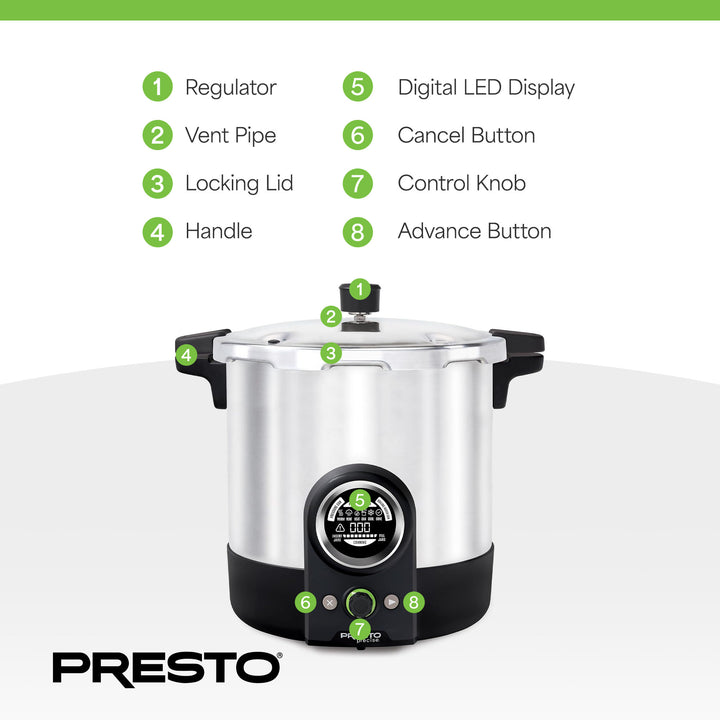 Presto 23 Quart Digital Pressure and Water Boiling Canner, LED Digital Display