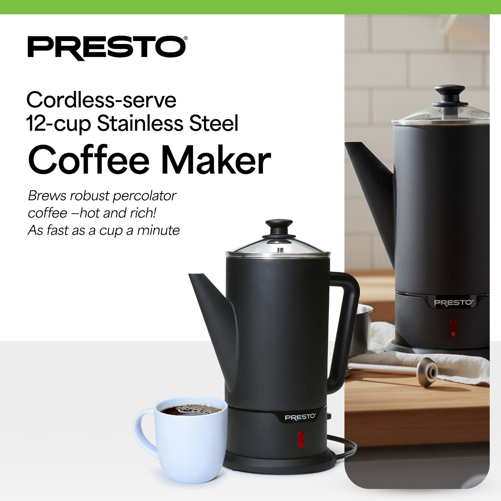 Presto 02815 Cordless Coffee Maker Stainless Steel Percolator, Easy Pour (Used) - VMInnovations