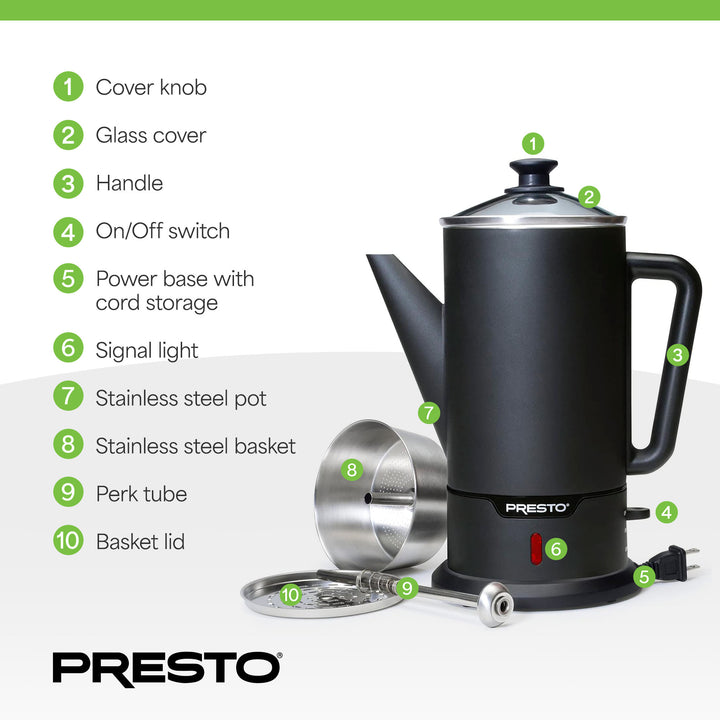 Presto 02815 Cordless Coffee Maker Stainless Steel Percolator, Easy Pour, Black