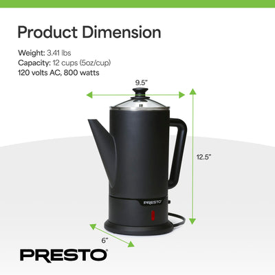 Presto 02815 Cordless Coffee Maker Stainless Steel Percolator, Easy Pour (Used)