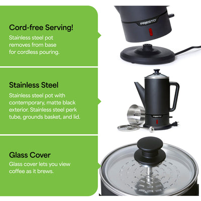 Presto 02815 Cordless Coffee Maker Stainless Steel Percolator, Easy Pour (Used)