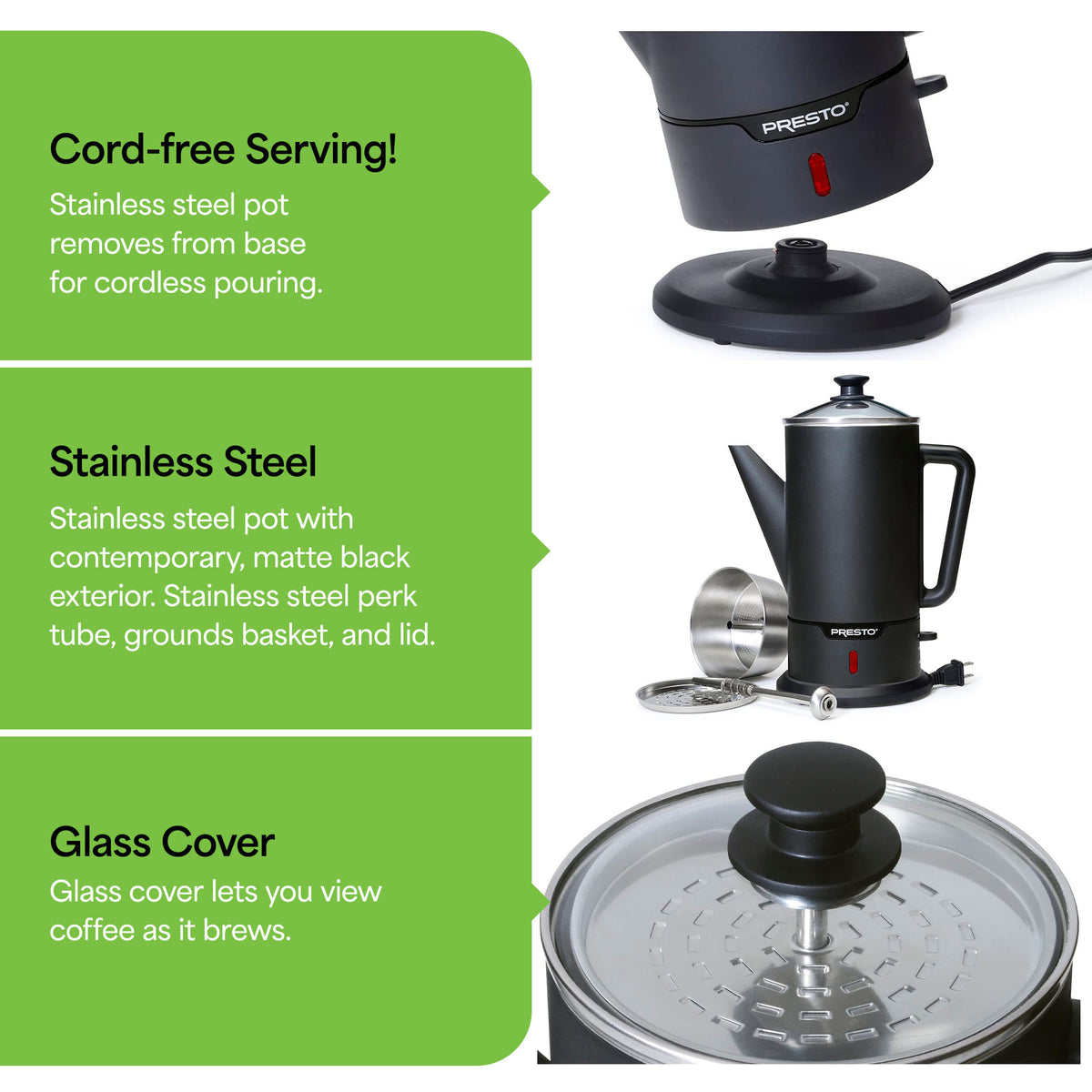 Presto Cordless Coffee Maker Stainless Steel Percolator, Easy Pour (Open Box)