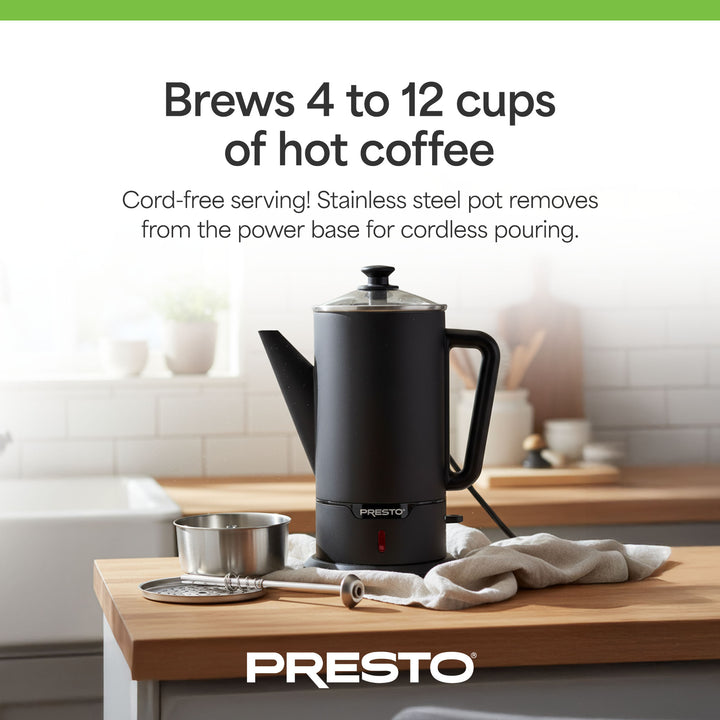 Presto 02815 Cordless Coffee Maker Stainless Steel Percolator, Easy Pour, Black