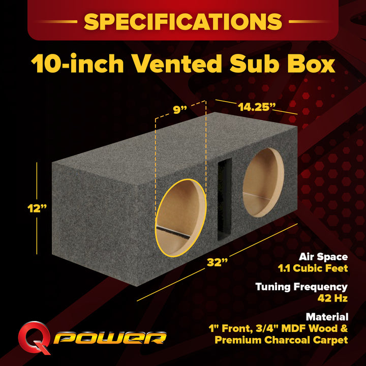 Q Power 2 Hole 10-Inch Vented Heavy Duty Subwoofer Enclosure, Charcoal Grey - VMInnovations