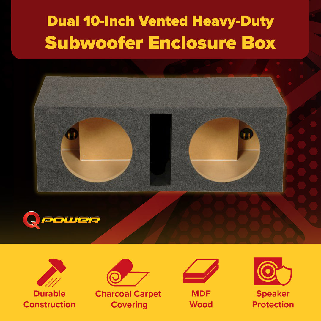 Q Power 2 Hole 10-Inch Vented Heavy Duty Subwoofer Enclosure, Charcoal Grey