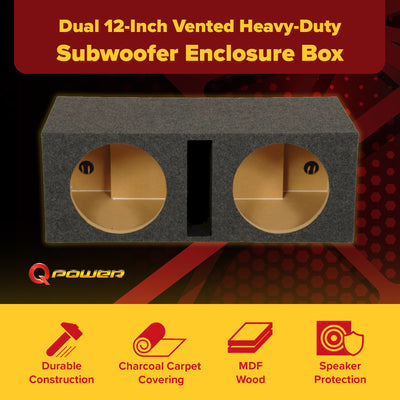 Q Power 2 Hole 12-Inch Vented Heavy Duty Subwoofer Enclosure, Charcoal (Used)