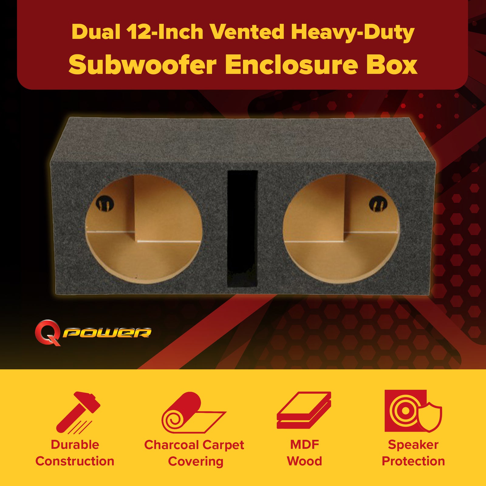 Q Power 2 Hole 12-Inch Vented Heavy Duty Subwoofer Enclosure, Charcoal (Used) - VMInnovations