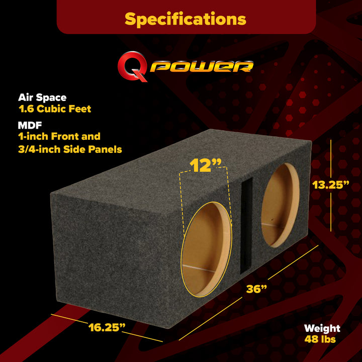 Q Power 2 Hole 12-Inch Vented Heavy Duty Subwoofer Enclosure, Charcoal Grey