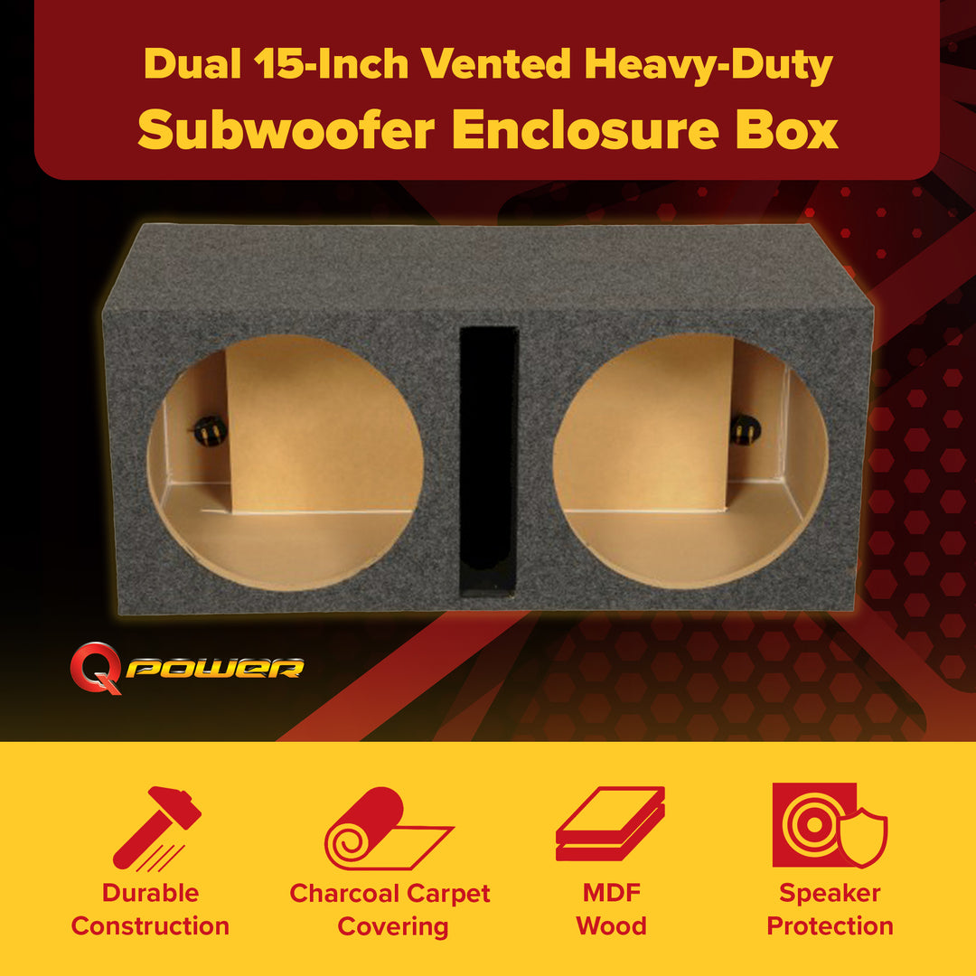 Q Power 2 Hole 15-Inch Vented Heavy Duty Subwoofer Enclosure, Charcoal Grey