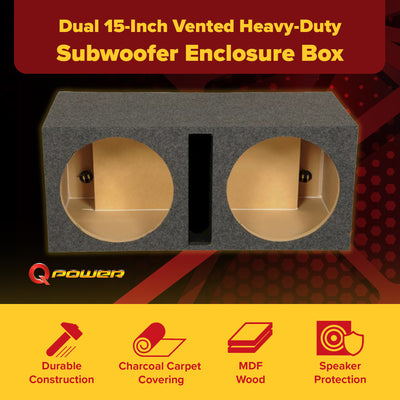 Q Power 2 Hole 15-Inch Vented Heavy Duty Subwoofer Enclosure, Grey (Open Box)