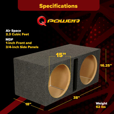 Q Power 2 Hole 15-Inch Vented Heavy Duty Subwoofer Enclosure, Grey (Open Box)