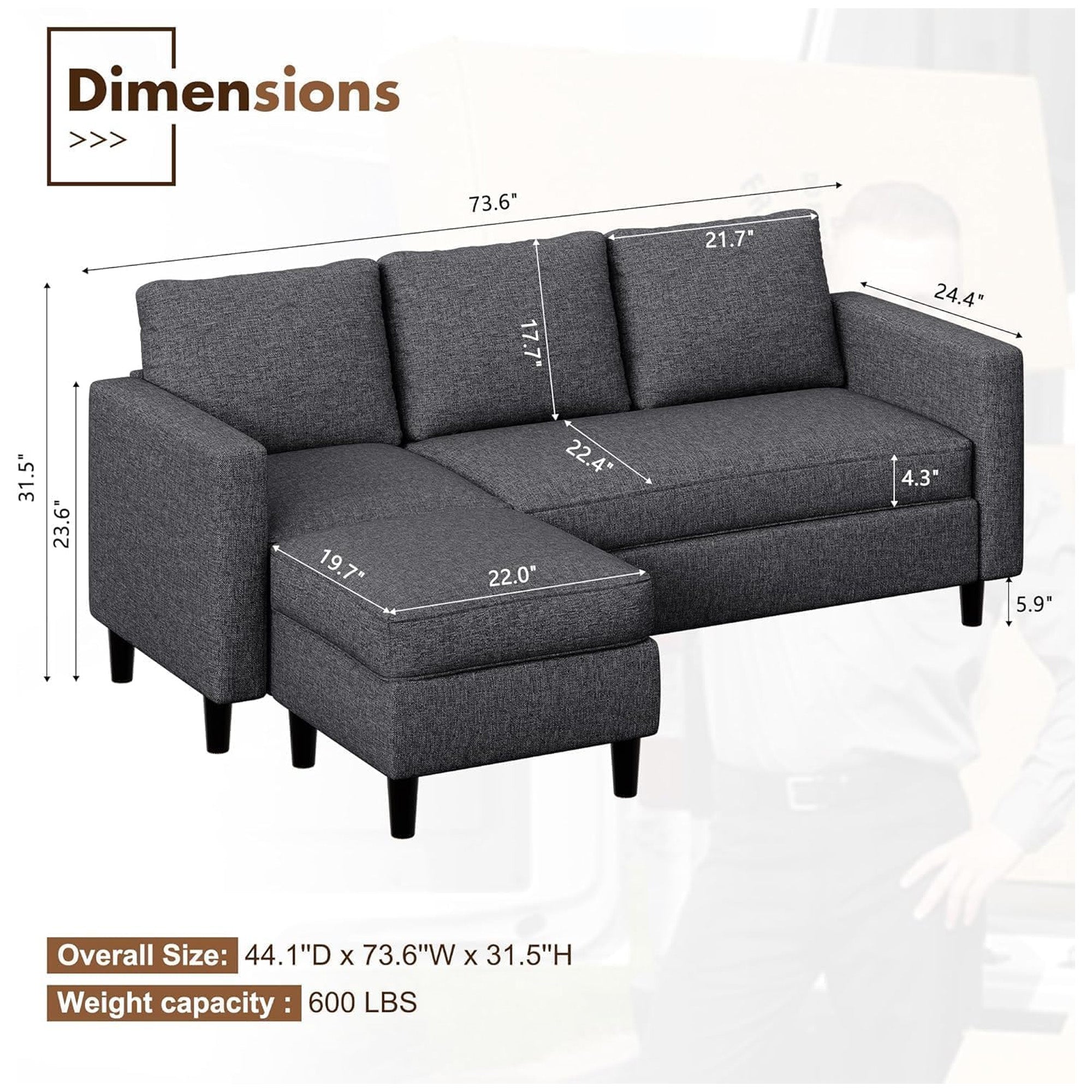 JAMFLY Modular Sectional Sofa w/Ottoman, L Shaped Small Couch, Black (Used)