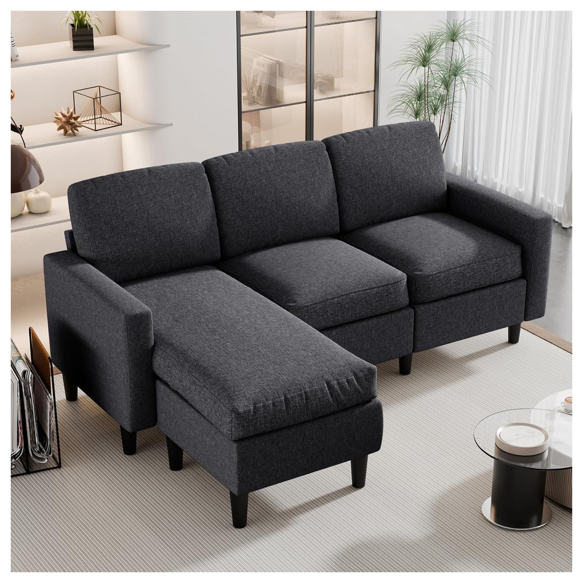 JAMFLY Modular Sectional Sofa w/Ottoman, L Shaped Small Couch, Black (Used)