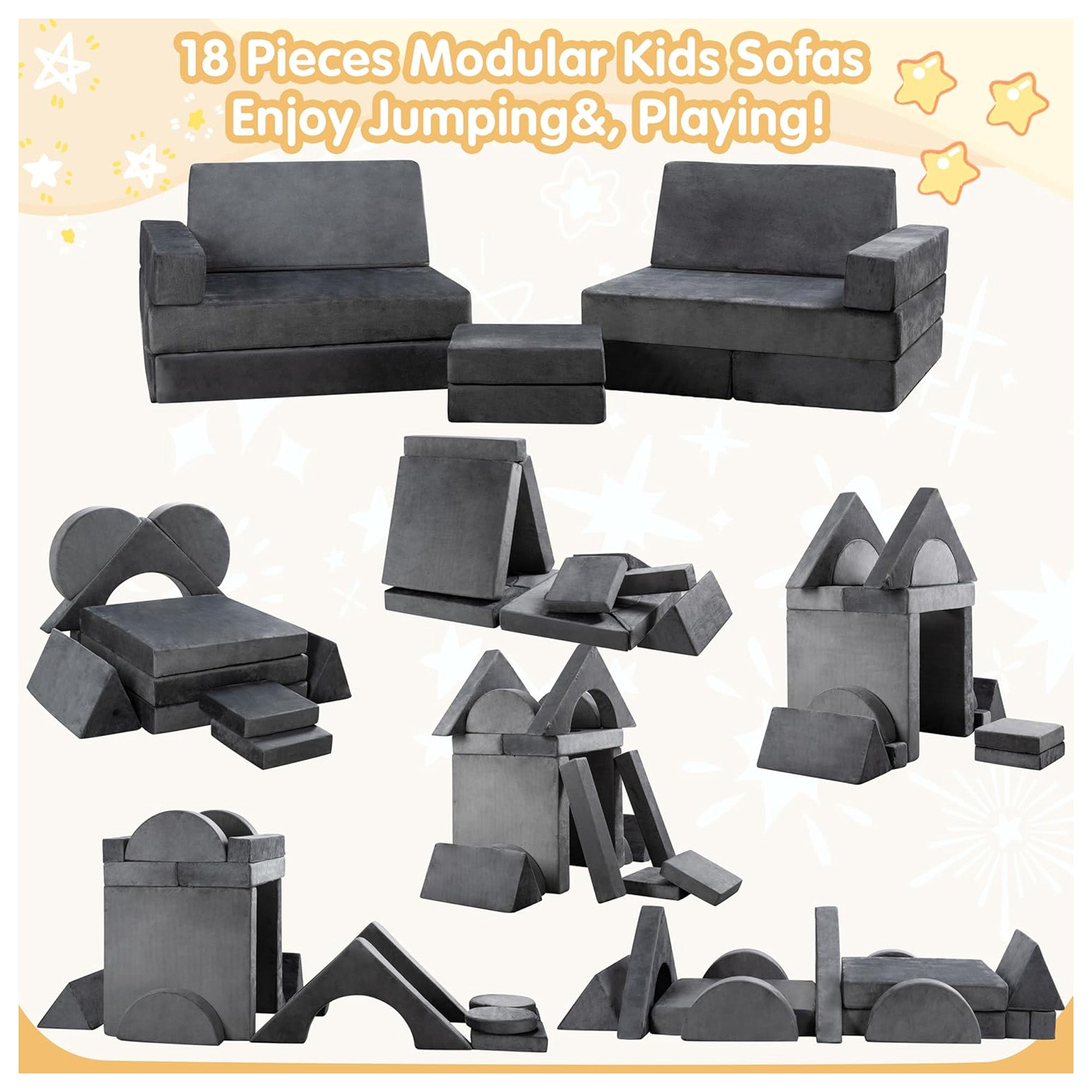 JY QAQA 18Pc Kids Play Couch, Sectional Sofa w/Convertible Design(Open Box) - VMInnovations