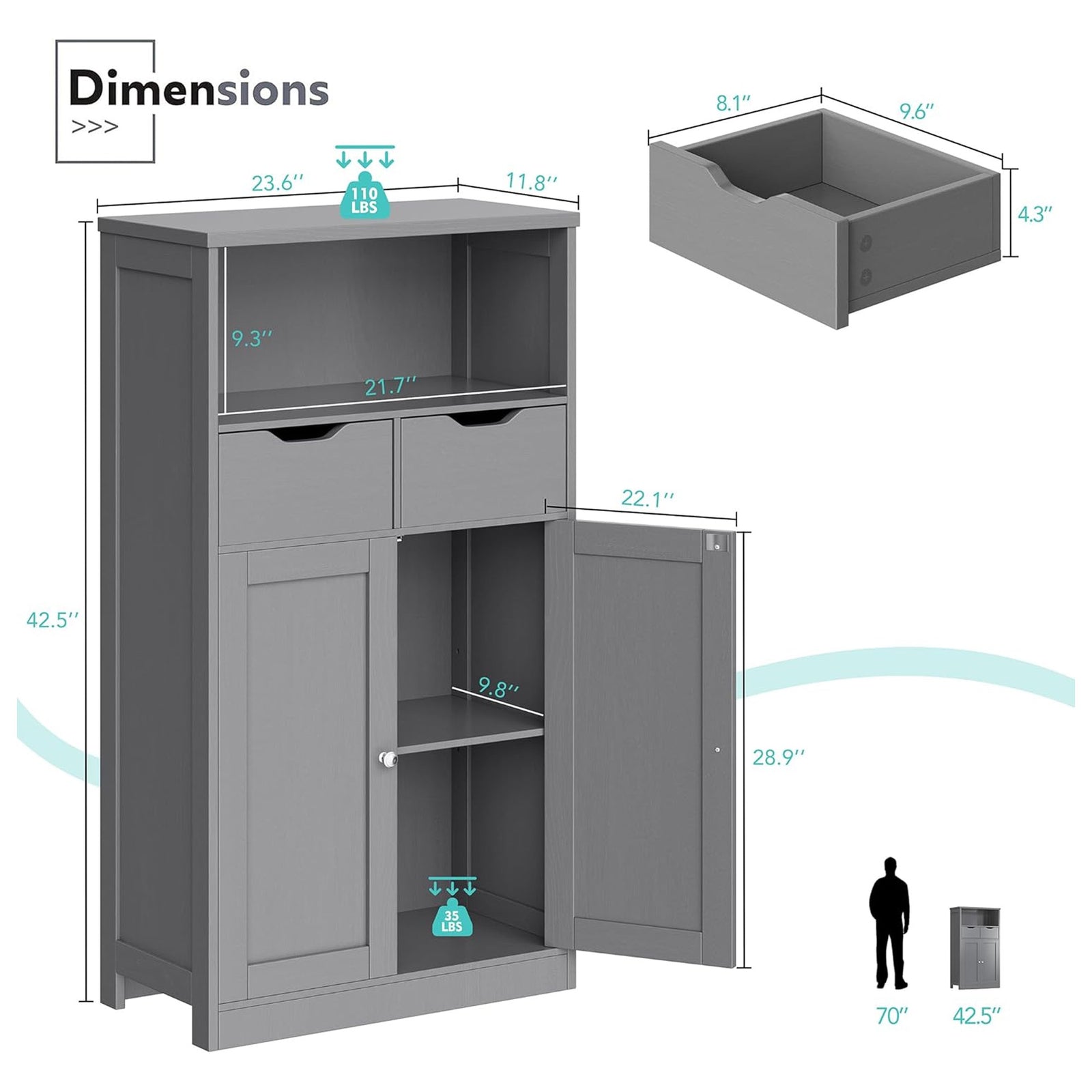 Vongrasig Bathroom Storage Cabinet, Freestanding Pantry Cabinet, Grey(Open Box) - VMInnovations