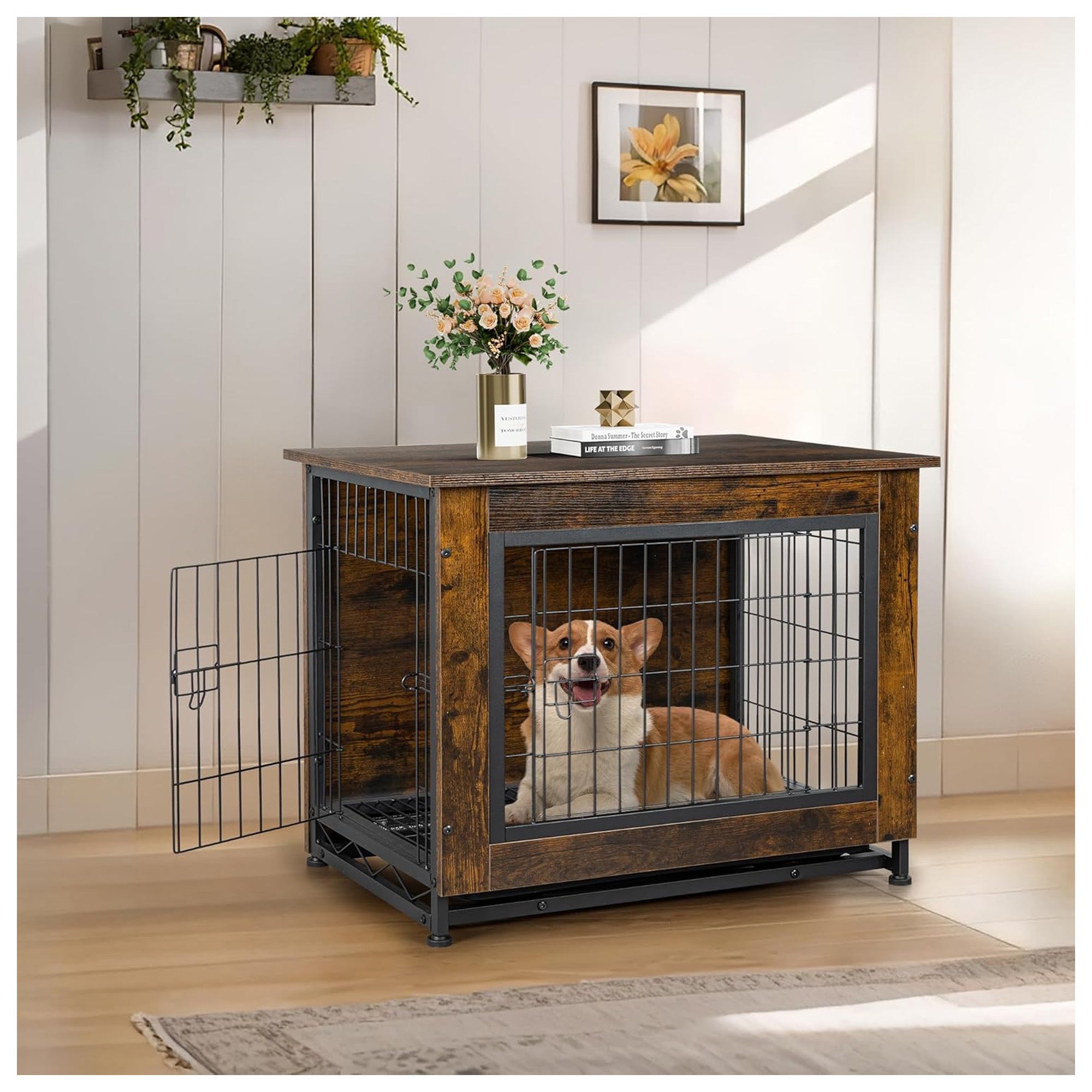 JY QAQA Wooden Dog Crate Table, Double-Door Dog Cage Kennel, Brown (Open Box) - VMInnovations