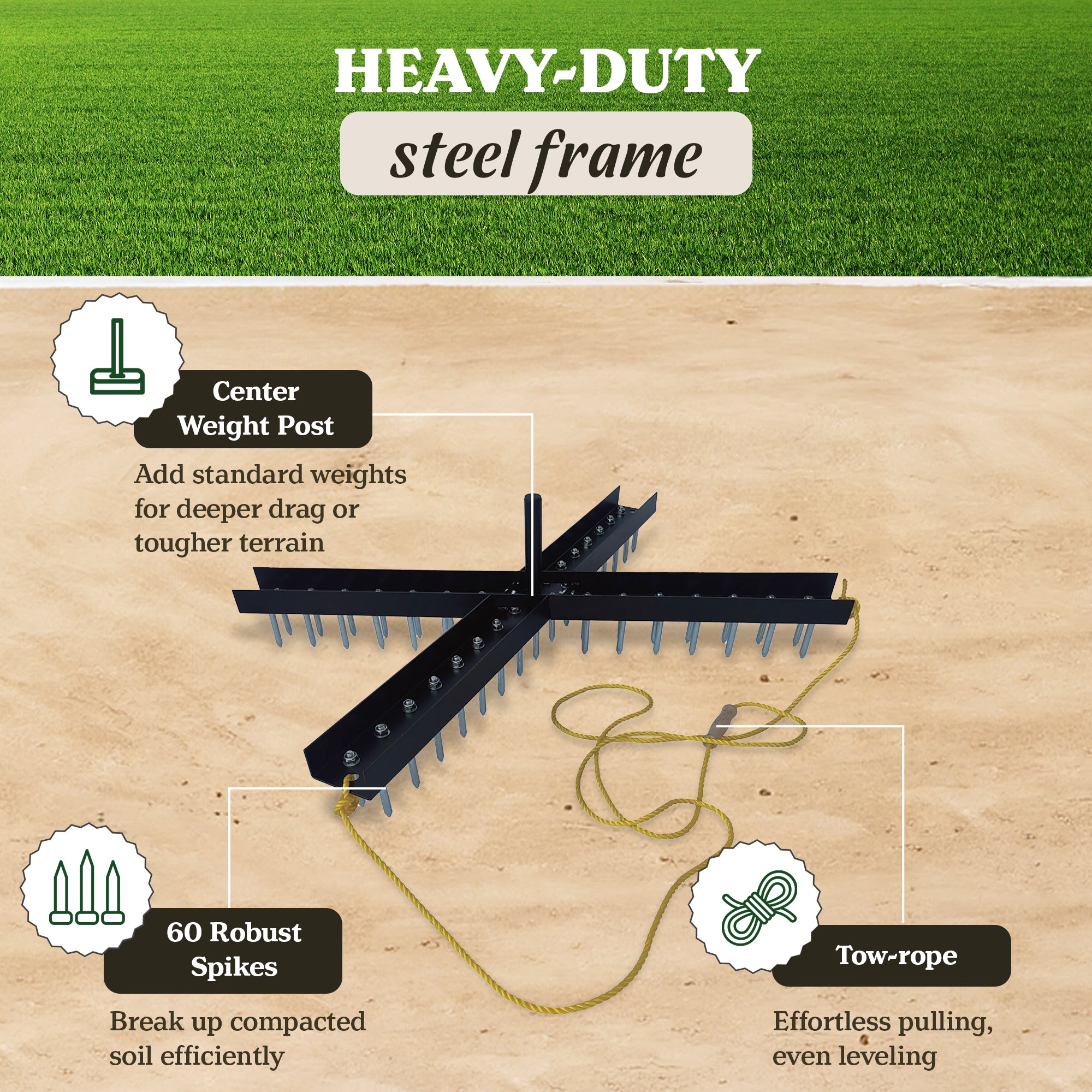 Yard Tuff Cross Drag Leveling Tool, 60 Steel Spikes for Fields and Arenas, Black - VMInnovations