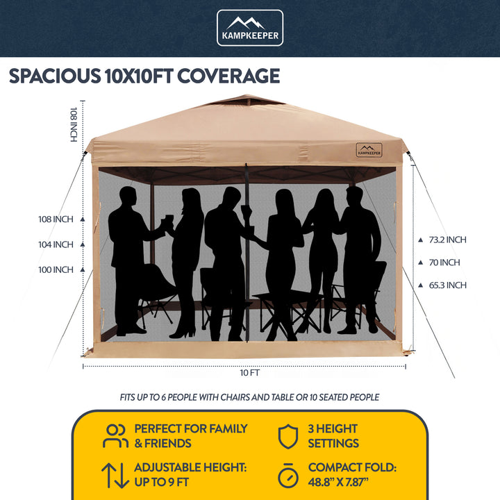 KAMPKEEPER 10x10 Pop Up Canopy Tent with Netting, Outdoor Sun Shade, Khaki - VMInnovations
