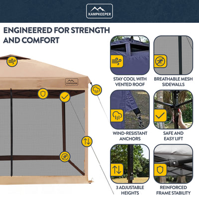 KAMPKEEPER 10x10 Pop Up Canopy w/Netting, Outdoor Sun Shade, Khaki (Open Box)