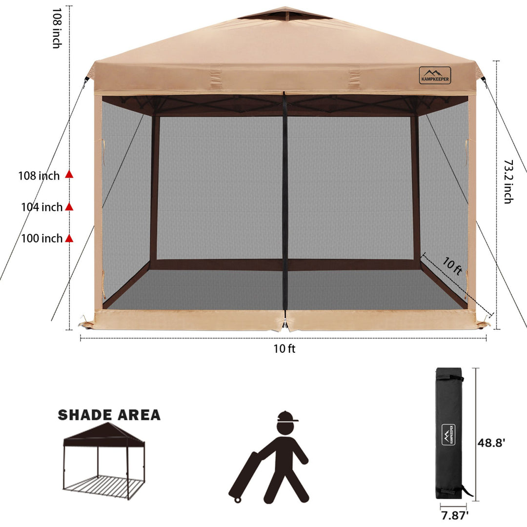 KAMPKEEPER 10x10 Pop Up Canopy Tent with Netting, Outdoor Sun Shade, Khaki