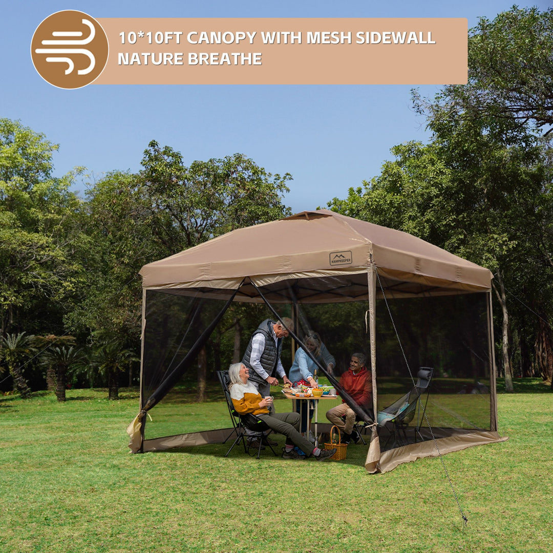 KAMPKEEPER 10x10 Pop Up Canopy Tent with Netting, Outdoor Sun Shade, Khaki