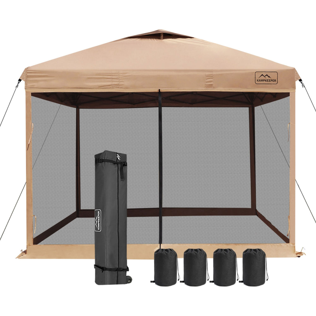 KAMPKEEPER 10x10 Pop Up Canopy Tent with Netting, Outdoor Sun Shade Khaki (Used)