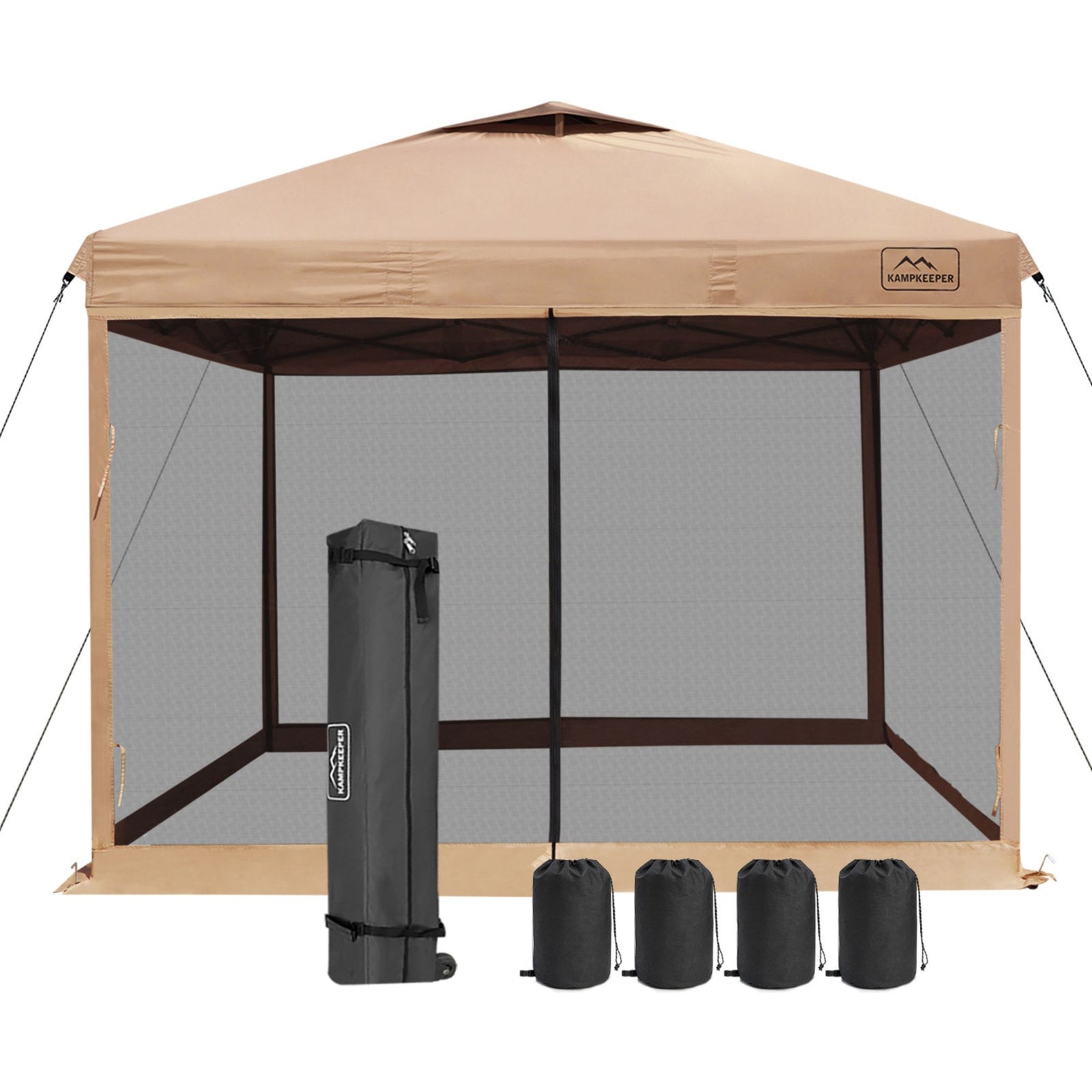 KAMPKEEPER 10x10 Pop Up Canopy w/Netting, Outdoor Sun Shade, Khaki (Open Box) - VMInnovations
