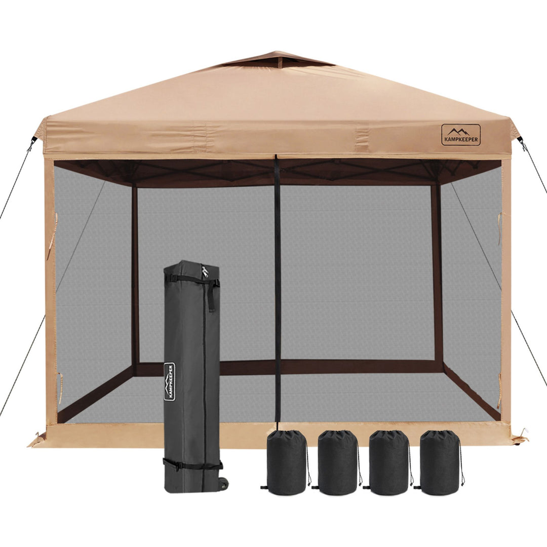 KAMPKEEPER 10x10 Pop Up Canopy w/Netting, Outdoor Sun Shade, Khaki (Open Box)