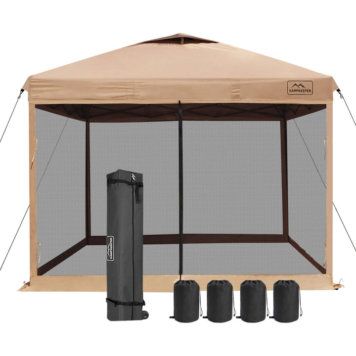 KAMPKEEPER 10x10 Pop Up Canopy w/Netting, Outdoor Sun Shade, Khaki (Open Box)