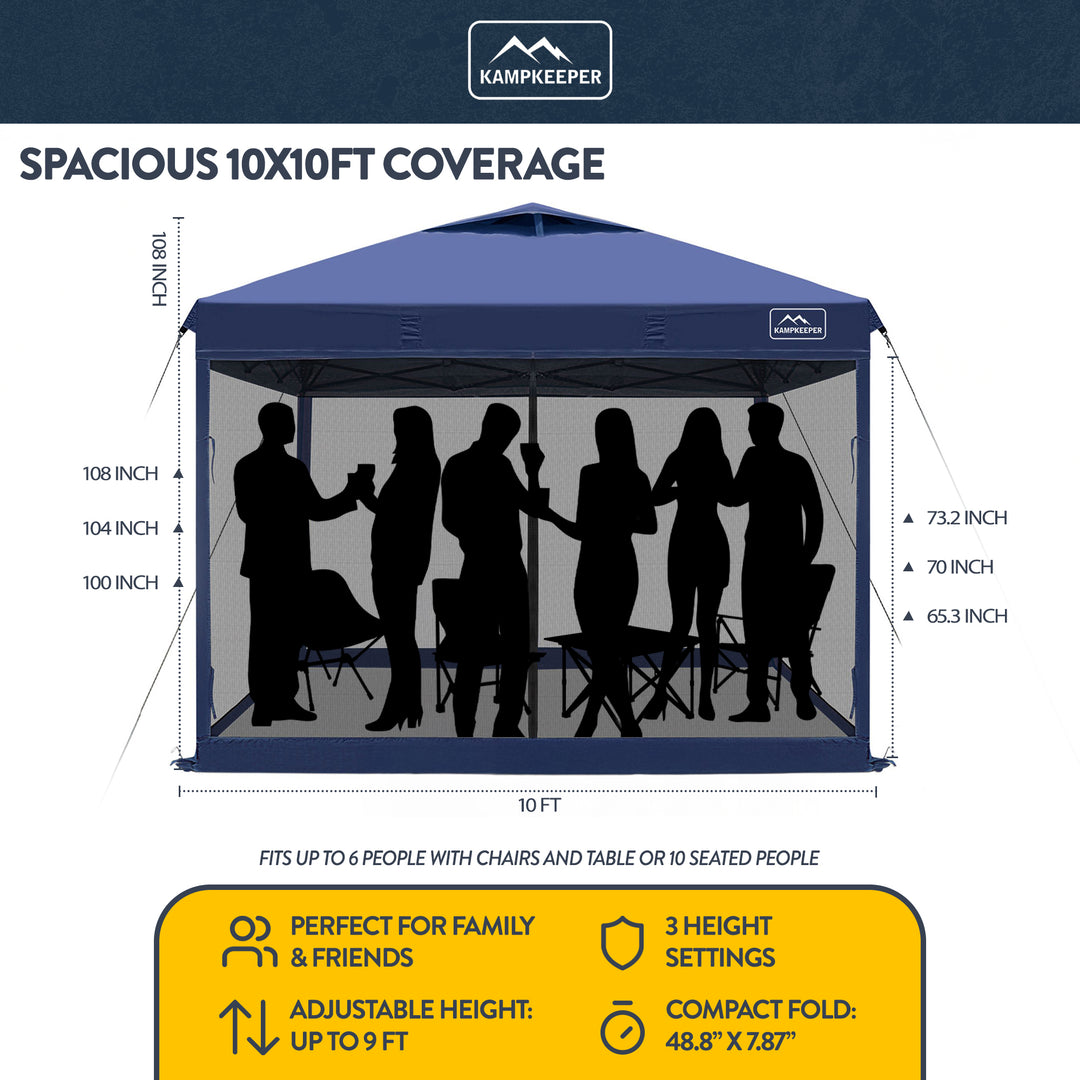 KAMPKEEPER 10x10 Pop Up Canopy Tent w/Netting, Sun Shade, Navy Blue (Open Box) - VMInnovations