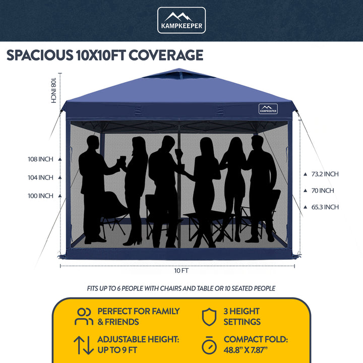 KAMPKEEPER 10x10 Pop Up Canopy Tent w/Netting, Sun Shade, Navy Blue (Open Box) - VMInnovations