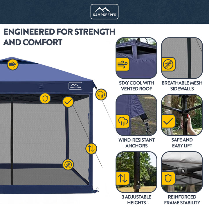 KAMPKEEPER 10x10 Pop Up Canopy Tent with Netting, Outdoor Sun Shade, Navy Blue - VMInnovations